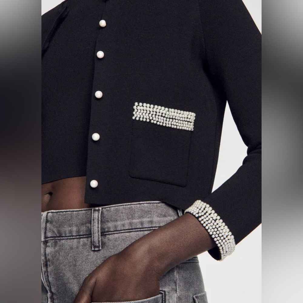 Sandro Black Cropped Cardigan with Crystal Trim - Picture 3 of 15